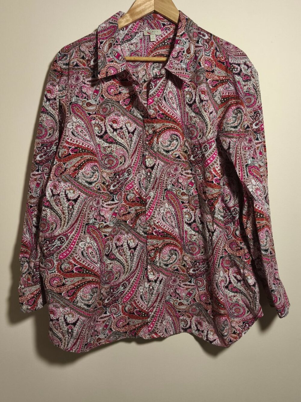 Talbots Cotton Paisley Print Button Front Blouse sz 3X Black Pink Office Travel